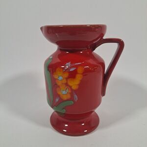 VTG Inarco Italy Red Pottery Creamer Vase Pitcher Handle Flower Design 5"